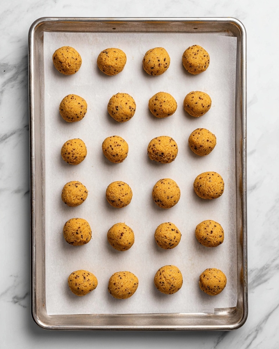 The image shows a metal baking tray lined with white parchment paper, placed on a white marbled surface. On the parchment paper, there are 20 small, round dough balls evenly spaced in a grid pattern. The dough balls are golden brown with darker specks, showing a slightly rough texture. The tray is viewed from above, capturing the clean and organized arrangement of the dough balls. photo taken with an iphone --ar 4:5 --v 7