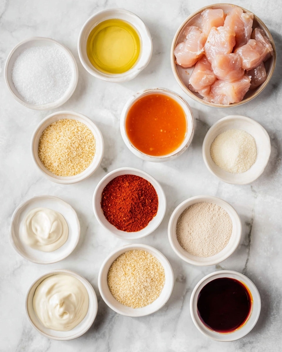 A top view of twelve small white bowls placed on a white marbled surface, each bowl containing different cooking ingredients, arranged in a loose circular pattern. The largest bowl at the top right holds pink raw chicken chunks with a smooth texture. Surrounding it are various contents: a bright orange-red liquid sauce in a bowl at top center, white powdery salt in a bowl to the left, vibrant red chili powder below it, dry light yellow breadcrumbs in a bowl to the bottom left, and clear oil in a bowl near the center. To the right of the oil is a small bowl with smooth white mayonnaise, and below it a small bowl with dark red thick sauce. Other bowls contain fine beige powders and a light white powder, all evenly spaced on the white marbled texture background photo taken with an iphone --ar 4:5 --v 7