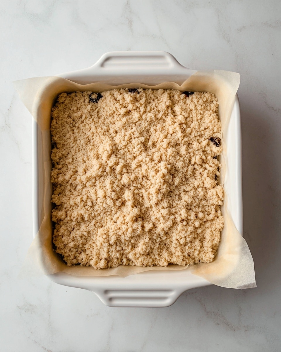 The image shows a square white ceramic baking dish with handles, filled with a thick crumbly layer of light tan streusel topping. Below the streusel, faint hints of a darker fruit layer peek through small gaps, suggesting a fruit base underneath. The edges of the dish are lined with parchment paper, slightly wrinkled and folding over the sides. The dish sits on a smooth white marbled surface, and the overall look is neat and ready for baking. photo taken with an iphone --ar 4:5 --v 7