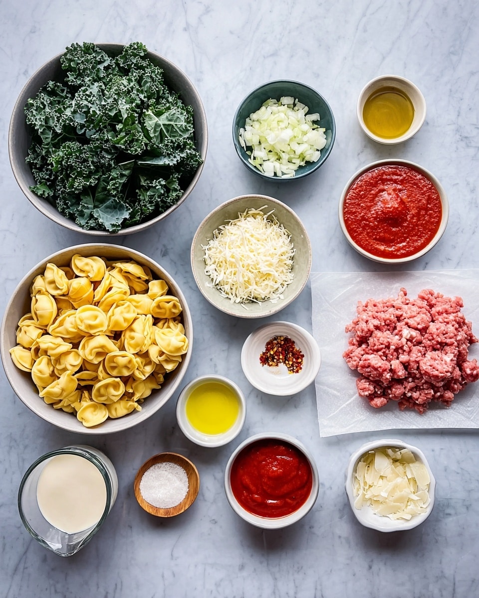 A spread of cooking ingredients is arranged on a white marbled surface, including a large white bowl filled with dark green kale leaves on the left, next to a grey bowl full of yellow tortellini pasta in the center. To the right of the pasta is a white sheet holding a portion of raw ground meat with a pinkish-red color. Around these main items are smaller white bowls containing finely chopped white onions on the upper right, shredded white cheese beside it, and a smooth red tomato sauce below the cheese. Also present are a measuring cup with creamy white liquid, a small bowl with yellow oil, a bowl with bright red sauce, another bowl with minced pale garlic, a bowl with coarse white salt, and a bowl of red chili flakes. A small white bowl holds a sticky amber substance, and a wooden bowl with finely grated white cheese is near the top left. Photo taken with an iphone --ar 4:5 --v 7