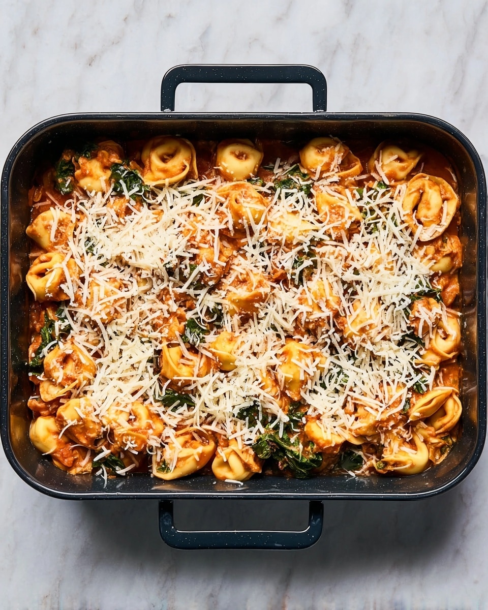 A rectangular black baking dish filled with a layered tortellini bake; the bottom layer shows golden tortellini pasta mixed with a light brown sauce and chunks of green leafy vegetables. On top is a layer of soft orange sauce evenly covering the pasta. A generous layer of white shredded cheese is spread over the surface, with some cheese shreds scattered irregularly. The dish sits on a white marbled textured surface. photo taken with an iphone --ar 4:5 --v 7
