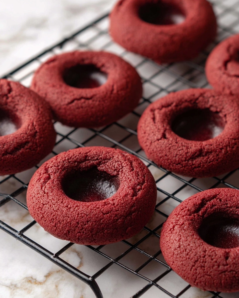 The image shows six round red cookies with a soft, slightly cracked surface, each having a shallow hollow in the center. They rest on a black cooling rack, which is placed on a white marbled surface. The cookies have a rich, dark red color with a slightly matte texture that suggests a tender inside. The hollow centers are darker, adding contrast to the smooth but slightly wrinkled tops. The arrangement is close and cozy, filling most of the visible space. photo taken with an iphone --ar 4:5 --v 7