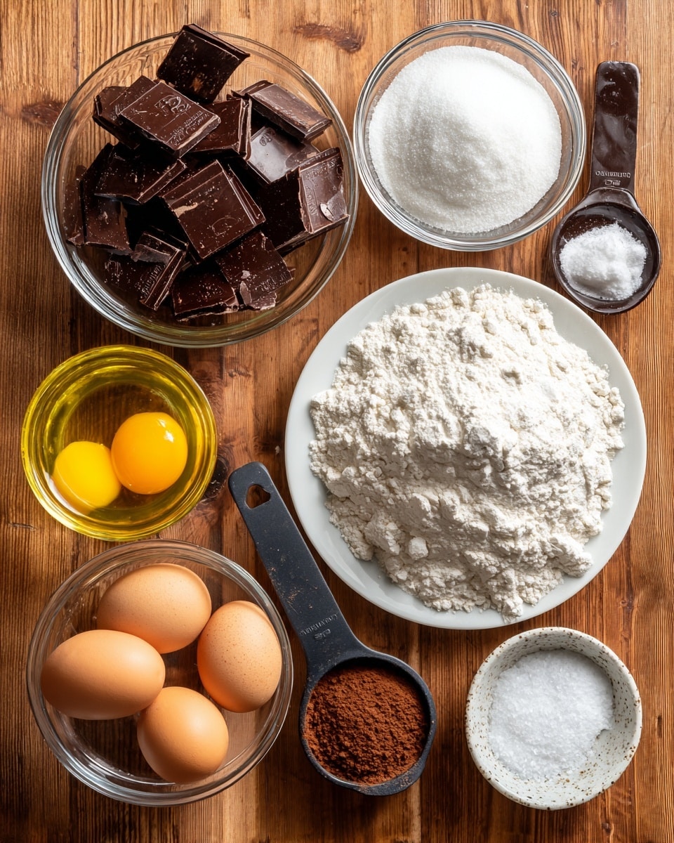 The image shows several glass and white dishes arranged on a warm wooden surface. At the top left, there is a glass bowl filled with dark chocolate squares. Below it is another glass bowl containing fine white sugar. To the right of the sugar, a white plate holds a mound of white flour with a slightly speckled texture. Below the flour plate, a glass bowl contains three whole eggs and one egg yolk floating in clear egg whites. To the left of this bowl is a small glass bowl filled with light yellow oil. To the right, a black measuring spoon holds brown cocoa powder, and next to it is a small glass bowl with clear vanilla liquid. Below the vanilla is a small white speckled dish with salt. To the left of the salt is a black measuring spoon filled with a light brown creamy substance. All the dishes and ingredients look fresh and neatly arranged on the wooden surface. photo taken with an iphone --ar 4:5 --v 7