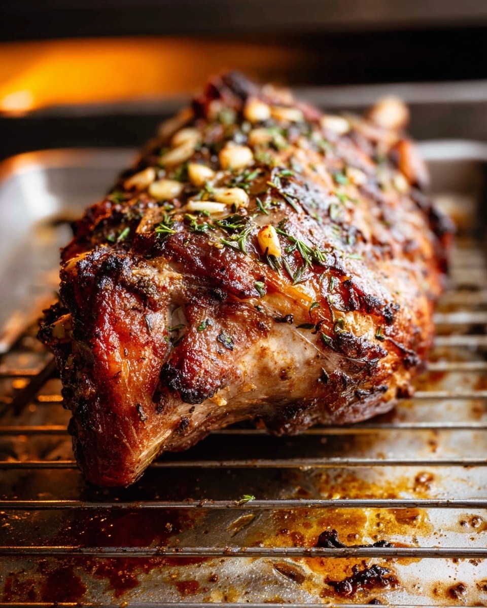 A single large cooked meat piece rests on a silver metal rack, showing a rough texture with browned, crispy skin. The meat has deep brown char marks and is topped with small chopped garlic pieces and green herbs spread over the surface. The background shows a shiny tray underneath, with baked-on brown and black spots of caramelized juices. The close-up angle highlights the juicy and roasted appearance of the meat, with a warm golden-brown color under soft light. Photo taken with an iphone --ar 4:5 --v 7