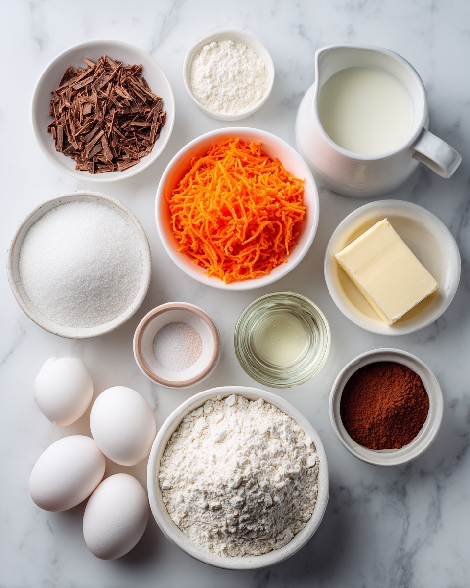 The image shows a top view of various baking ingredients neatly arranged on a white marbled surface. At the top left, there is a small white bowl filled with thin brown chocolate shavings. Below it, a white bowl holds finely grated bright orange carrots. Center right, a large white bowl is filled with a heap of all-purpose flour, appearing powdery and soft. Near the top right, a white pitcher contains milk with a smooth and creamy texture. In the middle center, a large white bowl contains granulated sugar, which is white and grainy. To the right of the sugar, a glass pitcher holds a clear, pale yellow neutral oil. Below the oil, a small white bowl contains fine salt, which looks light pink. At the bottom center, a small white bowl holds a square piece of butter, pale yellow and smooth. To the left of the butter, a small white bowl is filled with white baking powder with a powdery texture. At the bottom left, three white eggs sit in a white carton, with one egg slightly separated from the others. Between the eggs and sugar bowl, a small white bowl contains cocoa powder, dark brown and fine. The ingredients are spaced evenly, showing a clear and clean preparation scene. Photo taken with an iphone --ar 4:5 --v 7