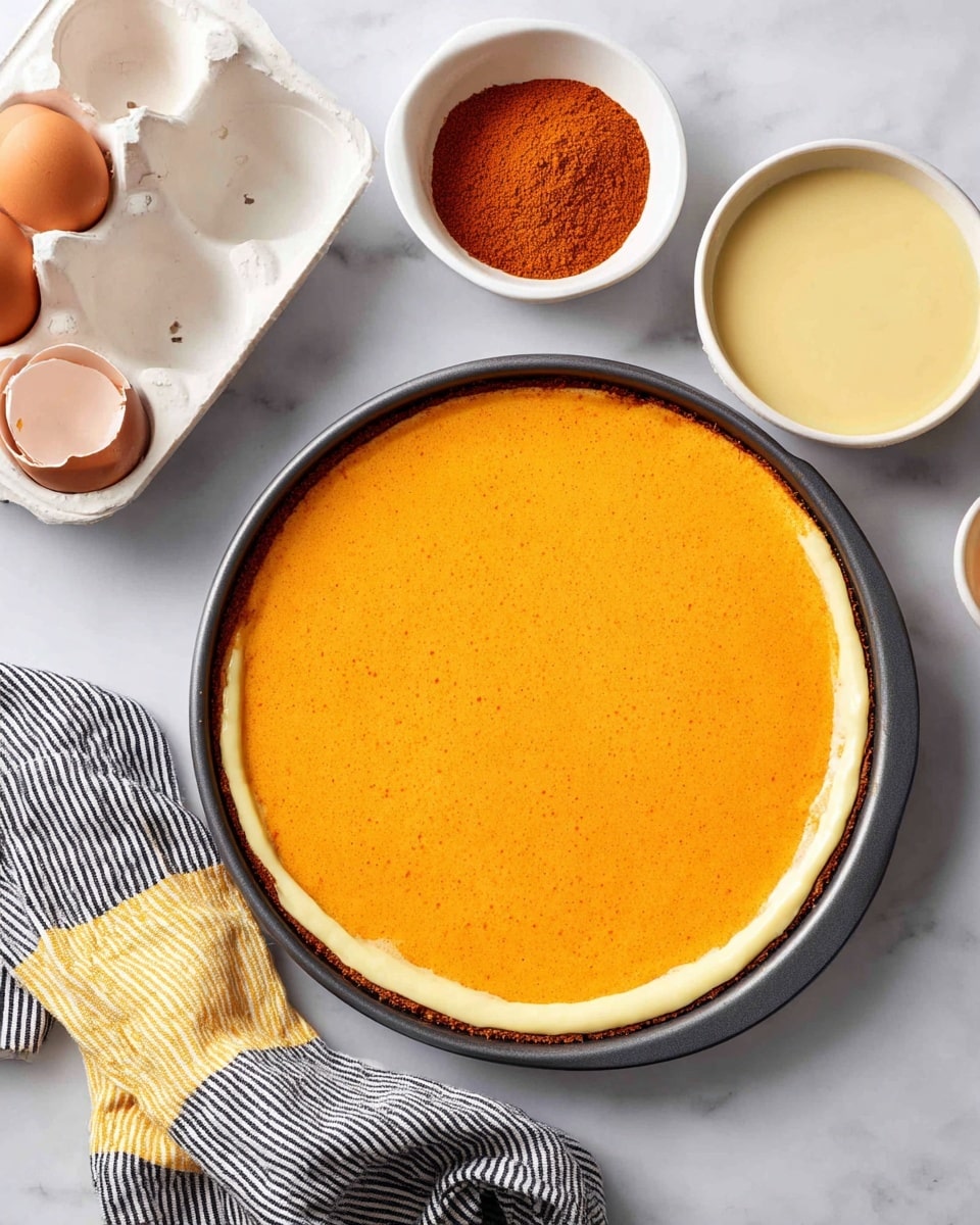 A round pie with two distinct layers: the bottom layer is a smooth, creamy pale yellow base, topped by a thick, even orange layer with a slightly textured surface. The pie is in a dark gray ceramic dish, sitting on a white marbled surface. Nearby are a white bowl filled with a smooth light yellow sauce, a white bowl with a reddish-brown powder, an empty white egg carton holding three cracked eggshells, and a black-and-white striped cloth with yellow edging draped to the side. Photo taken with an iphone --ar 4:5 --v 7