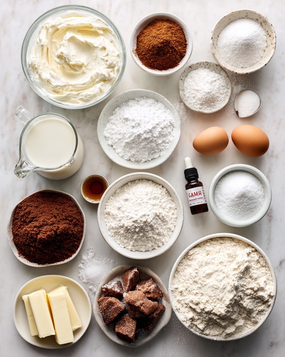 A collection of baking ingredients sits on a white marbled surface, each in white bowls or containers. There are ten white bowls filled with different powders and granular items, including a large bowl of white flour with a fine texture, a bowl of light brown sugar crystals, a bowl of powdered sugar that looks soft and fluffy, a bowl of sour cream with a creamy white texture, a small bowl with cinnamon powder in a warm reddish-brown shade, a bowl with corn starch in a white powdery form, a bowl with baking powder, another with baking soda, and one with salt, all white powders. There is also a clear glass liquid pitcher filled with white milk, a small clear glass container with corn syrup, a dark amber bottle of vanilla extract, two sticks of butter wrapped with red and yellow labels, and a single brown egg placed directly on the surface. Each item is clearly labeled with bright pink text boxes, making the arrangement neat and orderly photo taken with an iphone --ar 4:5 --v 7