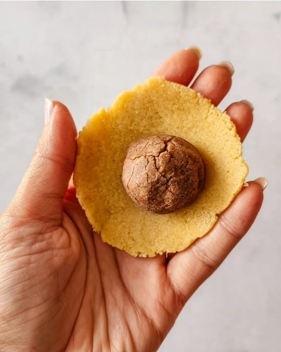 A woman's hand holds a small, round, flat yellow dough circle with a slightly rough texture. In the center of the dough circle, there is a smaller ball of brown dough with a cracked surface, contrasting with the yellow dough beneath it. The background is a plain white marbled texture. Photo taken with an iphone --ar 4:5 --v 7