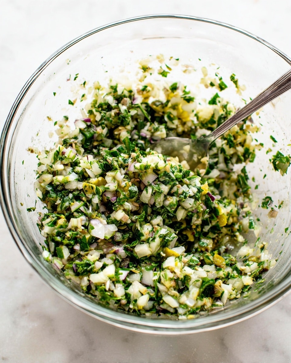 A clear glass bowl filled with a mixed green and white chopped salad made of finely diced ingredients like herbs, onions, and olives, showing a mix of light and dark green pieces along with small white and pale yellow bits. The mixture looks fresh and slightly wet from dressing. A silver spoon is placed inside the bowl. The bowl sits on a white marbled surface. Photo taken with an iphone --ar 4:5 --v 7