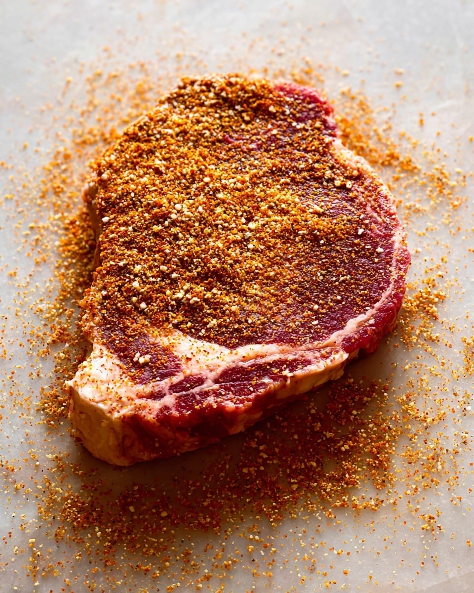 A raw steak is placed on a surface with a white marbled texture, covered evenly with a layer of crushed spices that are golden brown and reddish in color, giving a coarse texture. The steak shows marbled fat streaks in light pink and red, with the spice layer forming a thick crust mainly on the top surface and edges. The background is smooth and clean, contrasting with the rough texture of the meat and spices, highlighting the rich colors of the raw steak and seasoning. photo taken with an iphone --ar 4:5 --v 7