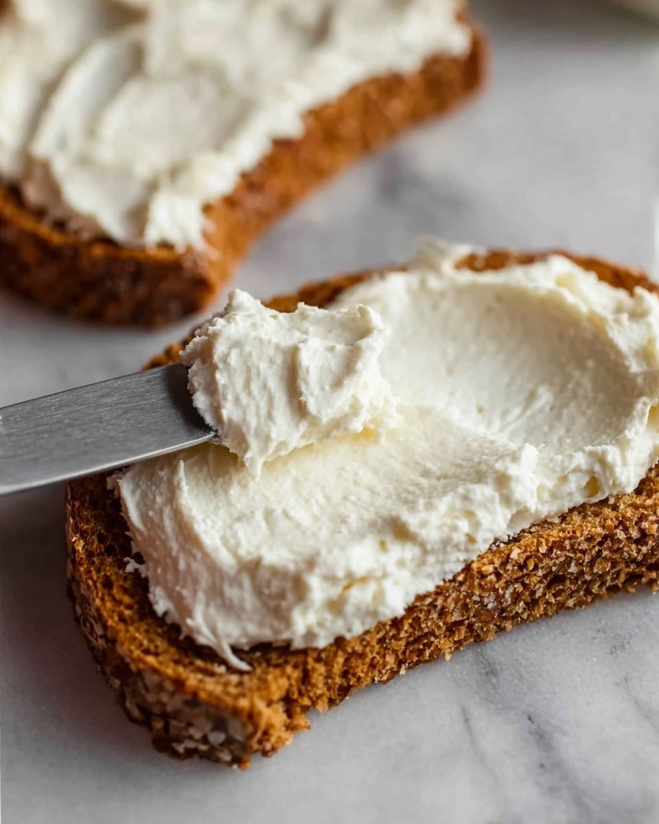 A close-up view of a slice of brown bread with a rough texture, fully covered with a thick, creamy, white spread being smoothed with a gray spatula on top. Another slice of bread with the same spread is slightly visible in the background. The bread pieces rest on a white marbled surface. photo taken with an iphone --ar 4:5 --v 7