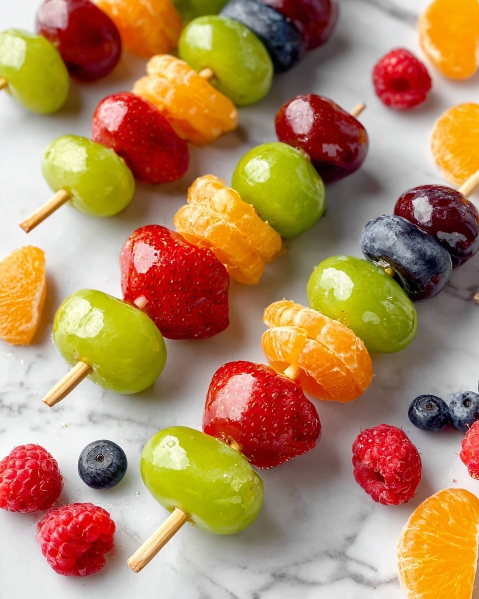The image shows several wooden skewers with layers of shiny fresh fruit pieces on a white marbled surface. Each skewer has a mix of green grapes, red strawberries, dark blue grapes, orange mandarin slices, and red raspberries, stacked in different orders. The fruits look glossy and smooth, with bright colors like green, red, orange, and blue standing out. Some loose berries and orange slices are scattered around the skewers, adding to the colorful and fresh look. photo taken with an iphone --ar 4:5 --v 7