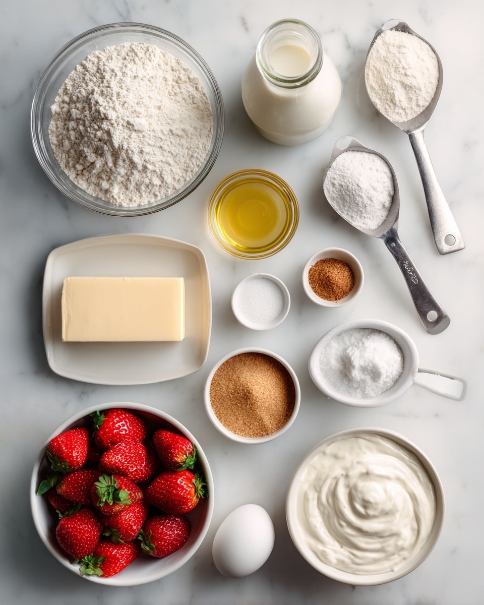 The image shows a flat layout of baking ingredients on a white marbled surface. In the top left, a clear bowl filled with white all-purpose flour is next to a glass bottle of white milk. Toward the center, a small clear bowl has light yellow vegetable oil. Nearby, metal measuring spoons hold light tan active dry yeast and white sugar, while smaller spoons contain white baking powder and salt. Below, a white bowl holds a rectangular piece of pale yellow butter. To the bottom left, a white bowl is full of bright red strawberries with green leaves. To the right, a white bowl is filled with smooth white sour cream, and next to it, a smaller white bowl contains brown sugar. A single white egg rests near the center. All items are spaced apart in an organized way. Photo taken with an iphone --ar 4:5 --v 7