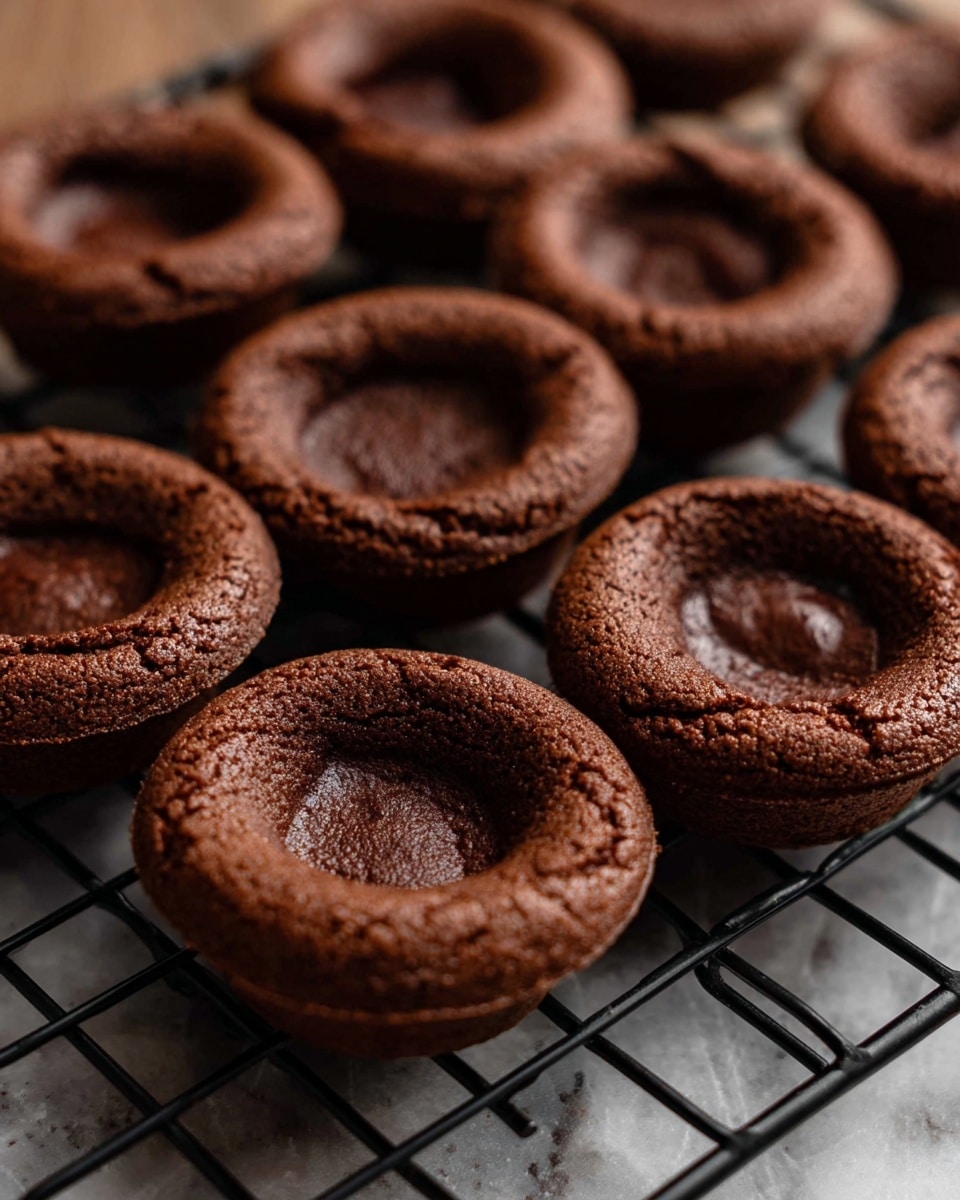 Several small, round chocolate cookie shells are arranged closely on a black cooling rack. Each cookie has a deep brown color with a slightly cracked, firm outer edge and a smooth, sunken center, forming a shallow bowl shape. The texture looks soft yet structured, showcasing the rich chocolate dough. The setup sits on a white marbled surface, and soft natural light highlights the cookies' surface texture. Photo taken with an iphone --ar 4:5 --v 7