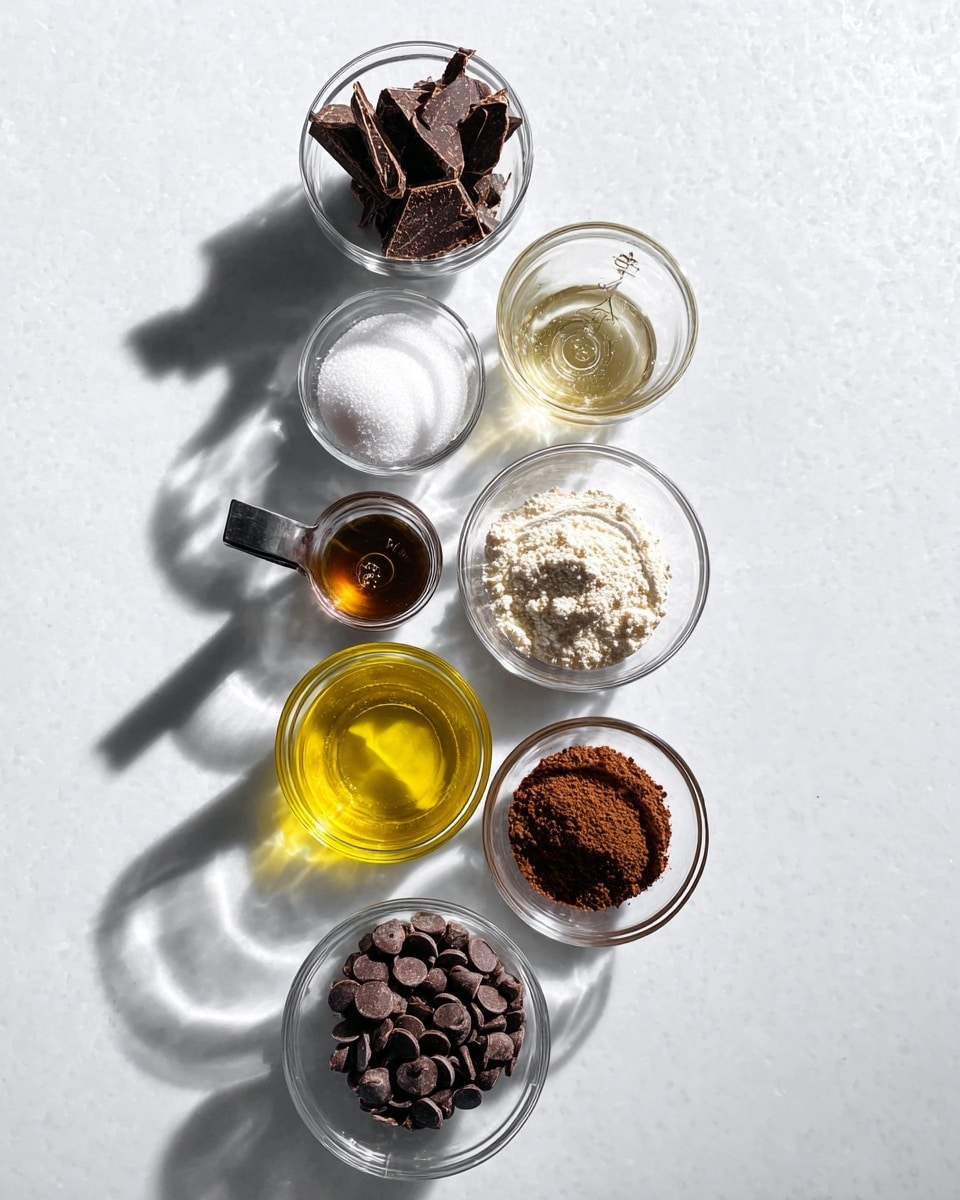 The image shows eight small clear glass bowls placed in a vertical line on a white marbled surface with strong shadows. From top to bottom, the first bowl contains broken chunks of dark chocolate with a rough texture, the second bowl holds fine white granulated sugar, the third bowl is a small vial with clear salt, the fourth bowl has a bright golden yellow oil, the fifth container is a metal cup with white flour, the sixth bowl contains dark brown cocoa powder with a fine texture, the seventh bowl has a small amount of dark amber vanilla extract, and the eighth bowl at the bottom is filled with small, round dark brown chocolate chips. All bowls show clean, clear textures and their ingredients stand out against the white marbled background. Photo taken with an iphone --ar 4:5 --v 7