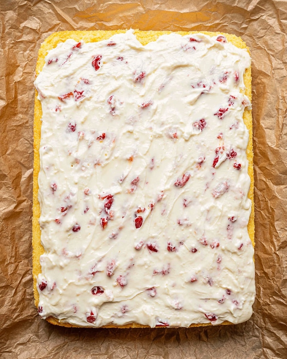 A rectangular yellow cake layer sits on crumpled brown parchment paper, covered evenly with a thick white cream layer mixed with small red fruit pieces scattered throughout. The cream looks smooth with tiny chunks of fruit spread across the surface, creating a speckled texture. The edges of the cake are visible around the white cream topping, showing a soft and slightly spongy texture. photo taken with an iphone --ar 4:5 --v 7