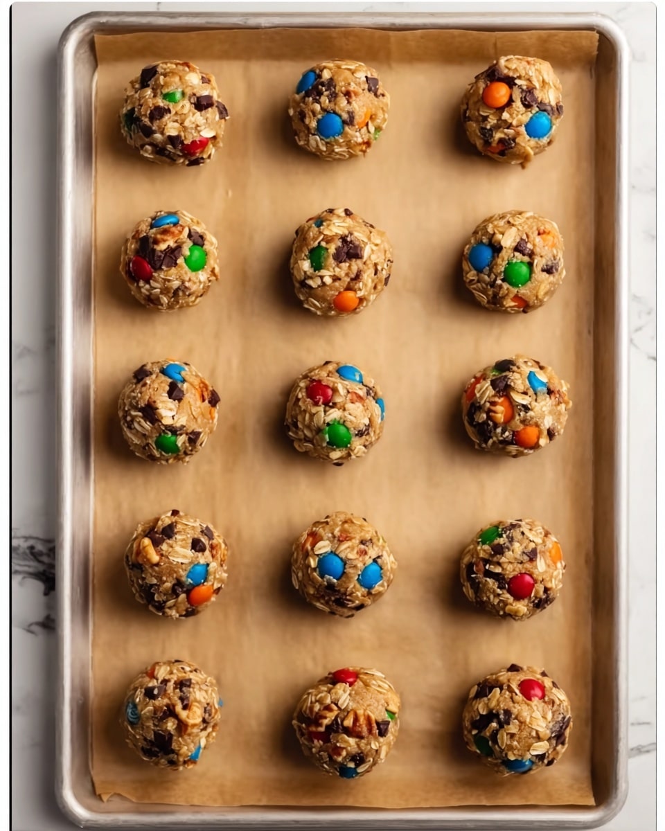 The image shows 15 cookie dough balls arranged in a neat 3 by 5 grid on a baking tray lined with brown parchment paper. Each dough ball is round and slightly chunky with visible colorful candy pieces in red, blue, green, orange, and brown, mixed with oats and small chocolate bits. The dough balls have a textured surface with nuts and candies embedded throughout. The background is a white marbled texture. Photo taken with an iphone --ar 4:5 --v 7