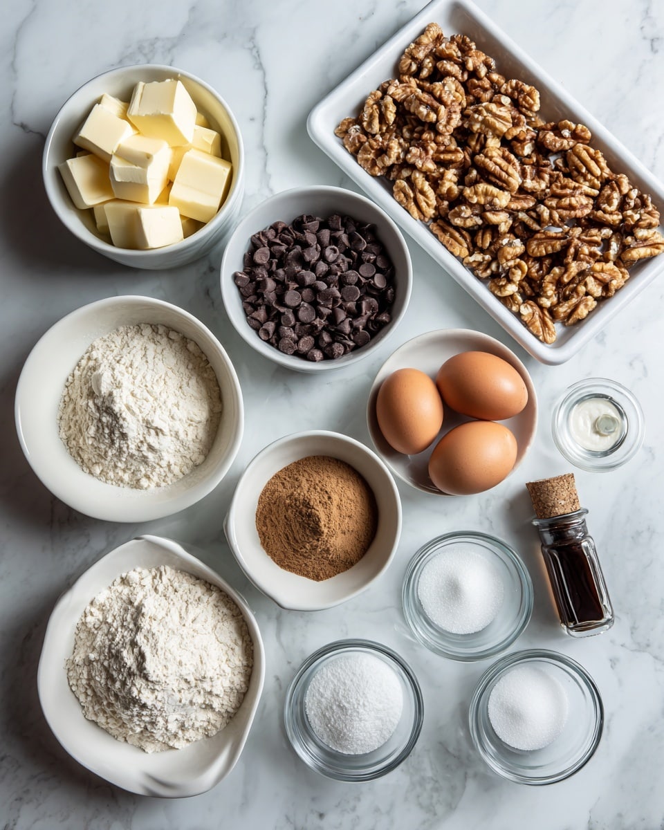 The image shows a white baking tray filled with toasted walnuts on the top right. Below it, there are several small white bowls and plates arranged neatly on a white marbled surface, each containing a different baking ingredient. From the top left, there's a white bowl with cubed butter, next to it a white bowl full of dark chocolate chips. Below the butter is a white bowl with cake flour, and next to it, two brown eggs rest on the surface. Below the eggs is a bowl filled with brown sugar, and next to it a bowl of plain flour. Further below are small glass bowls with white sugar, baking soda, and cornstarch, placed next to a small white bowl of salt. On the far right, a small dark bottle of vanilla stands upright. All ingredients are clearly separated and labeled. The photo taken with an iphone --ar 4:5 --v 7