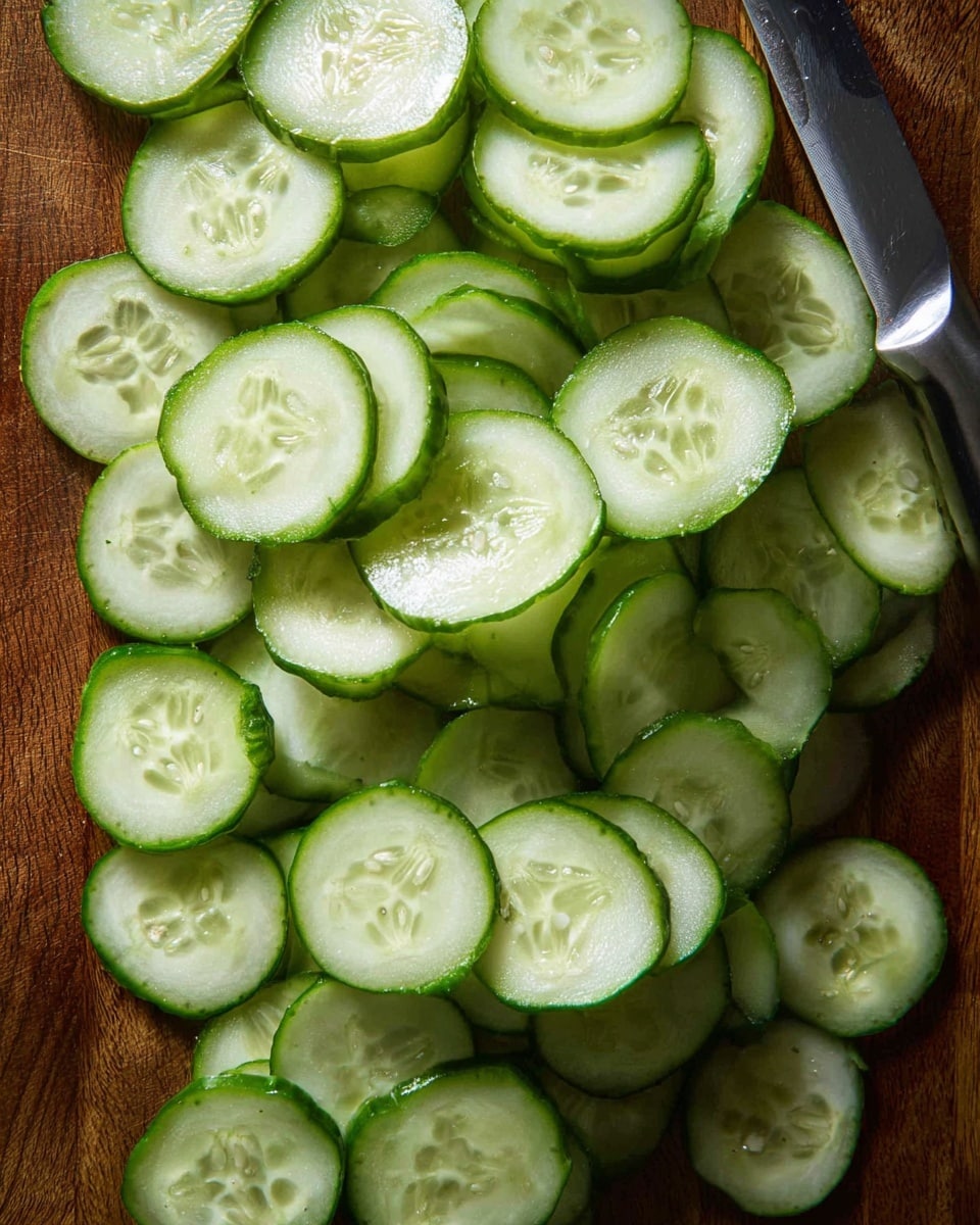This image shows many thin, round cucumber slices spread out on a textured brown wooden cutting board. The cucumber slices are light green inside with darker green edges, and you can see small seeds in the center of each slice. To the top right side, there is a shiny silver knife with a sharp blade resting on the board. The light reflects off the smooth cucumber surfaces, making them look fresh and juicy. photo taken with an iphone --ar 4:5 --v 7