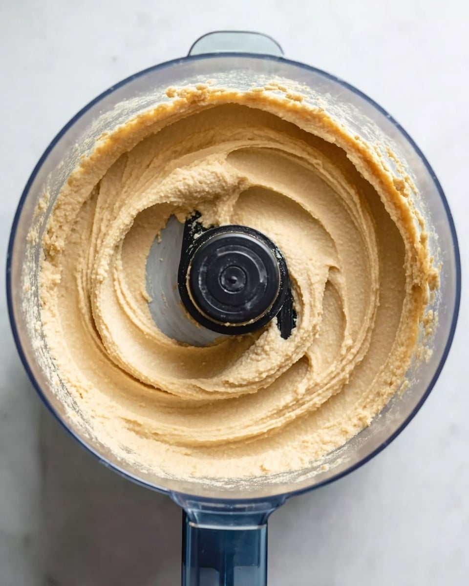 The image shows a food processor filled with smooth, creamy beige hummus spread evenly in a circular shape around the blade. The hummus has a thick, soft texture with swirled patterns that follow the shape of the round container from the center outwards. The clear plastic food processor container contrasts with the pale, creamy hummus inside. The background is a white marbled surface. photo taken with an iphone --ar 4:5 --v 7