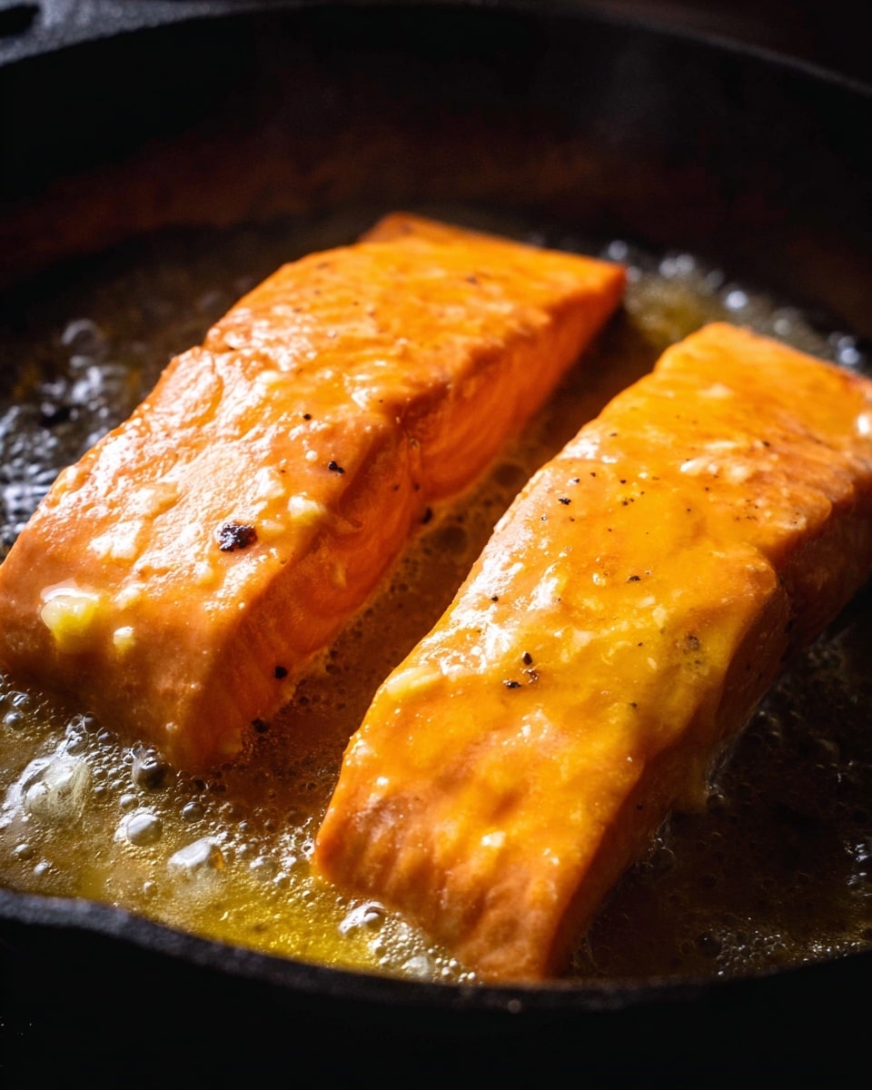 Two thick, orange salmon fillets are cooking in a dark cast iron skillet. The fillets have a smooth, shiny surface covered with melted yellow butter that bubbles gently around the edges. The salmon shows a soft texture with slight browning on top, sitting in the bubbling butter that is spread unevenly in the pan. The background is deep and dark, highlighting the bright color of the salmon, with the edges of the skillet visible. photo taken with an iphone --ar 4:5 --v 7
