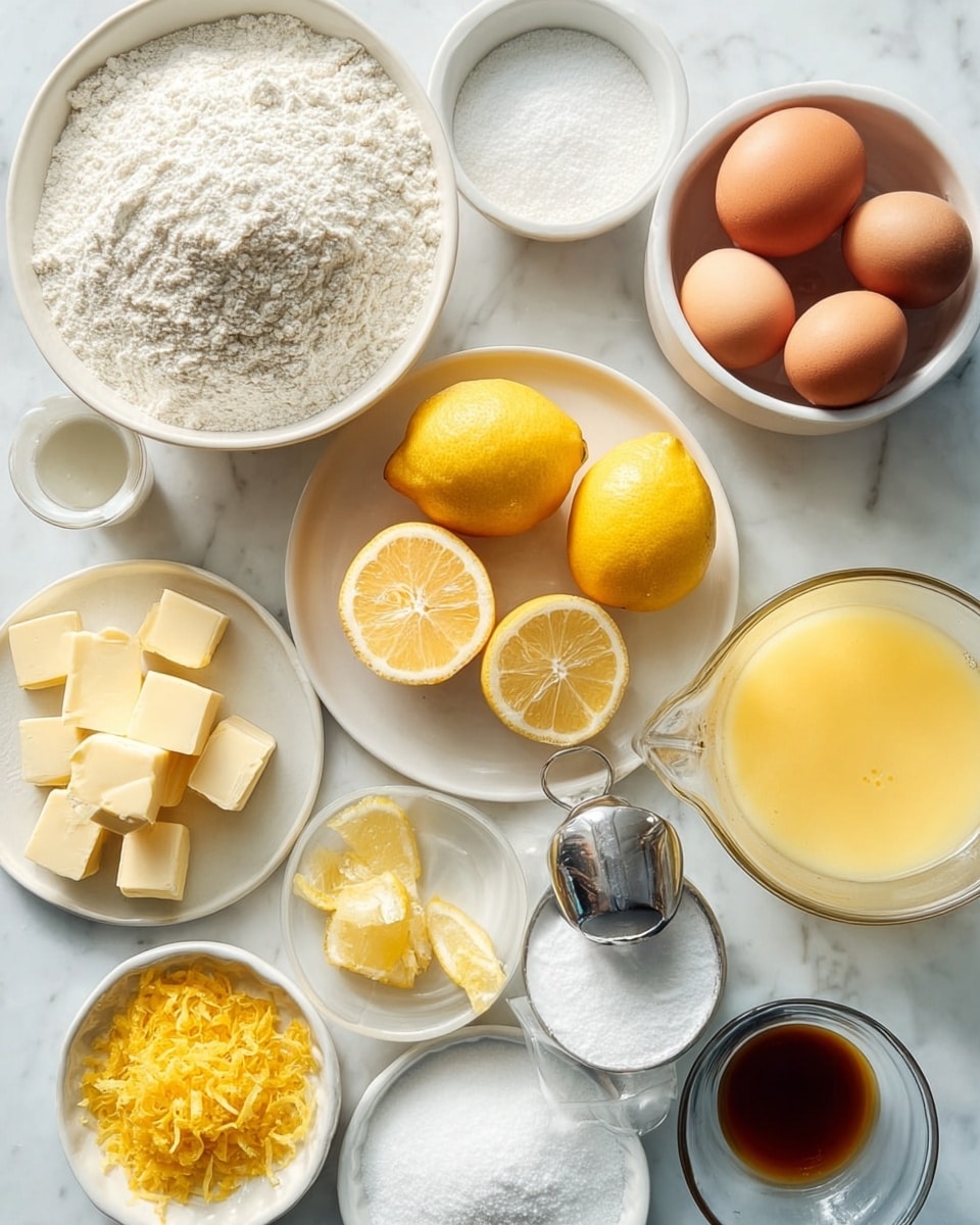 The image shows several white bowls and plates arranged on a white marbled surface, each holding different cooking ingredients. At the top center, a white bowl is filled with white flour, with a smaller white dish of white salt near it to the right. Below, a larger white bowl contains four brown eggs. Next to it on the left is a white bowl filled with small cubes of pale yellow butter. Nearby are three whole yellow lemons, with two cut in half placed on a round white plate alongside a metal lemon juicer. A clear glass measuring cup in the center of the plate holds freshly squeezed yellow lemon juice. Toward the bottom left, there is a small white plate with bright yellow lemon zest, a small clear bowl of white powdered sugar, and a larger white bowl filled with white granulated sugar. To the right of the flour, a small white bowl contains a dark brown liquid, likely vanilla. The colors are soft and natural, with the textures of the powdery flour and sugar, smooth eggs, juicy lemons, and soft butter all clearly visible. photo taken with an iphone --ar 4:5 --v 7