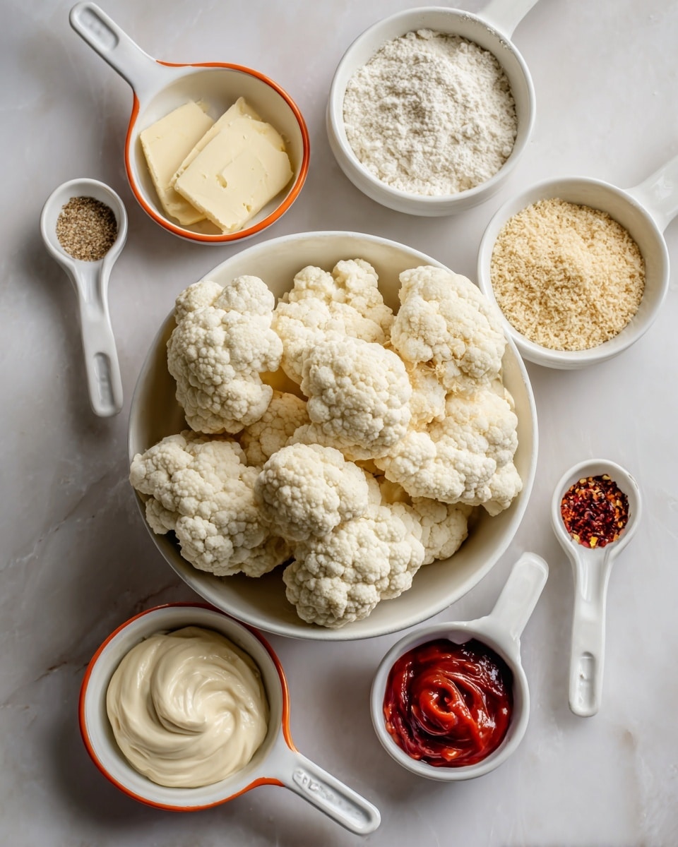 The image shows a white bowl filled with large pieces of cauliflower, which are creamy white and have a bumpy texture. Surrounding the bowl are several white measuring cups and spoons with orange rims, each holding different ingredients: one cup contains fine white flour, another has light beige vegan butter, a smaller cup has a thick creamy vegan mayo with a smooth texture, and a bigger cup is filled with light brown breadcrumbs with a coarse texture. There is also a small white spoon with garlic powder, which is pale yellow, another small white spoon has dark red chili flakes, and a small white bowl contains bright red sriracha sauce with a smooth surface. All the items are placed on a white marbled surface photo taken with an iphone --ar 4:5 --v 7