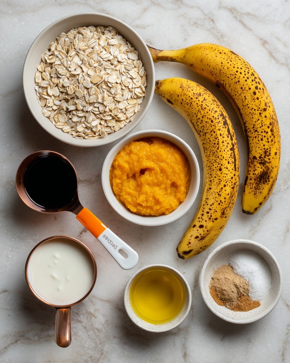 The image shows several ingredients arranged on a white marbled surface. There is a large white bowl filled with light tan rolled oats at the top left. To the right of it, two ripe bananas with brown spots lay side by side. Below the oats, a white measuring spoon with orange rims holds dark maple syrup. Next to it, a white measuring cup with orange rims contains bright orange pumpkin puree. A small white bowl filled with white baking soda and baking powder is placed near the center. To its right, a copper measuring cup holds golden olive oil. At the bottom left, a copper measuring cup contains creamy white Greek yogurt. Finally, a small speckled bowl holds a mix of light brown pumpkin pie spice and white powder. Photo taken with an iphone --ar 4:5 --v 7