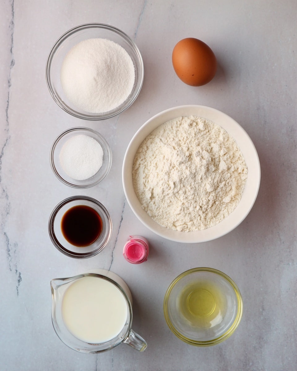 The image shows seven ingredients for baking arranged neatly on a white marbled surface. There is one whole brown egg placed near the top right. A white bowl filled with off-white flour is below the egg. Surrounding the bowl are smaller clear glass bowls: one with white granulated sugar, one with white baking powder, one with a dark brown liquid vanilla extract, and another with a small amount of white powder. At the bottom, a clear measuring cup holds white milk, while next to it, a small clear bowl contains a light yellow oil. A small bottle of pink food coloring is also on the surface. photo taken with an iphone --ar 4:5 --v 7