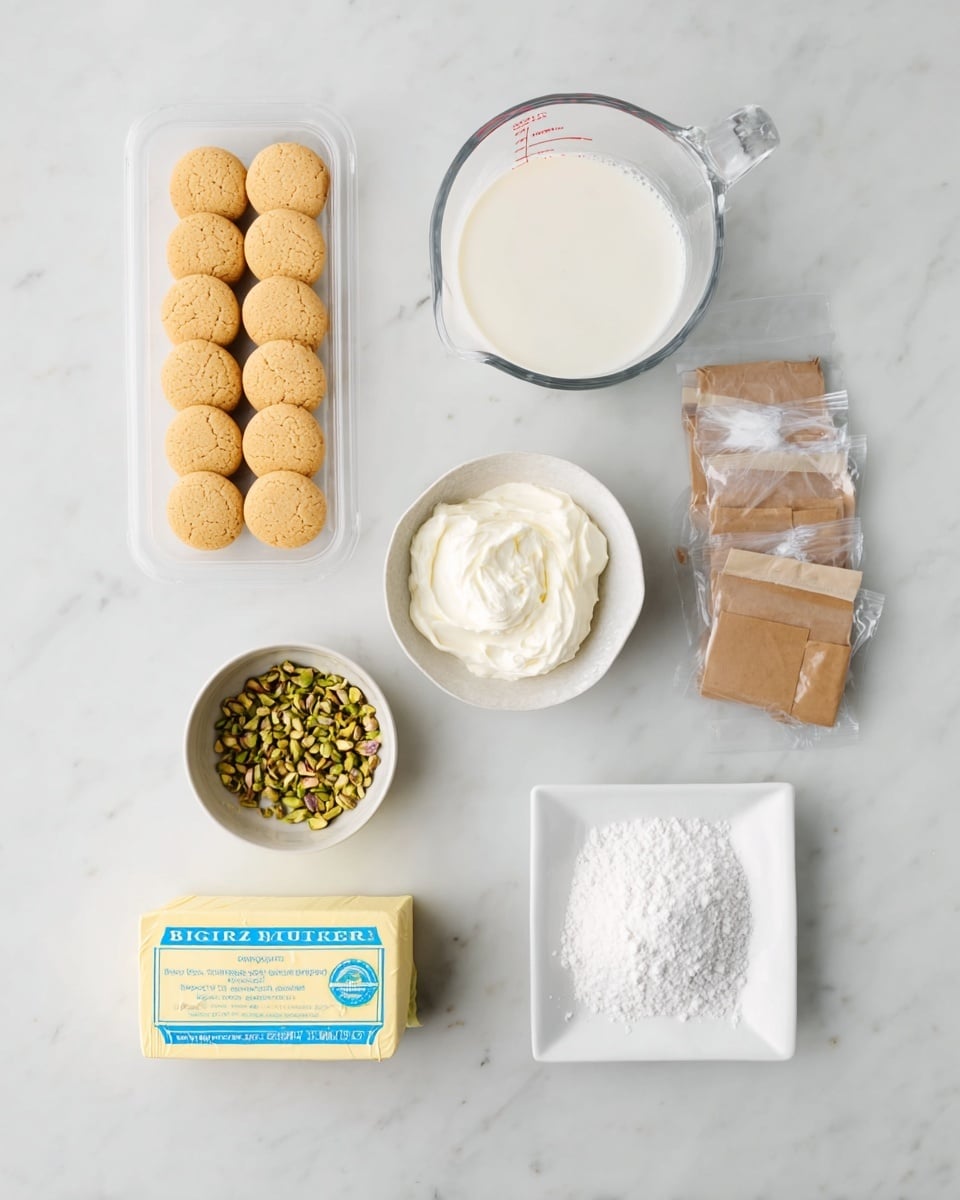 The image shows a flat lay of various baking ingredients arranged on a white marbled surface. On the left, there is a clear plastic tray with three rows of round light brown cookies. Above center is a clear glass measuring cup filled with white milk. To the right of the milk is a white bowl containing smooth, white cream cheese. Below the cream cheese is a small white bowl filled with finely chopped green pistachios. Near the bottom center is a light yellow block of butter with blue writing on the wrapping. To the right of the butter is a white square dish filled with fine white powdered sugar. There are also two small brown paper packages and a glass bowl with light golden syrup, along with a partially opened package of cream cheese near the bottom. Photo taken with an iphone --ar 4:5 --v 7