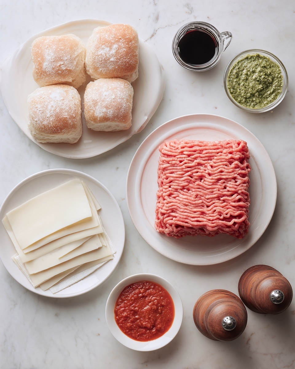 The image shows an arrangement of ingredients on a white marbled surface. In the center is a white plate with a block of pink ground meat, showing a textured and wavy pattern. To the left, there is a white plate with four light golden brown sandwich rolls that have a soft, flour-dusted crust. Below this plate, another white plate holds several slices of smooth white cheese in overlapping layers. On the right side of the image, there are two small white bowls: one filled with a green pesto sauce that has a slightly chunky texture, and the other with a red tomato sauce that looks thick and coarse. Beside these, a clear container holds a dark liquid, likely balsamic vinegar. At the bottom right corner, wooden salt and pepper grinders add a rustic touch. Photo taken with an iphone --ar 4:5 --v 7