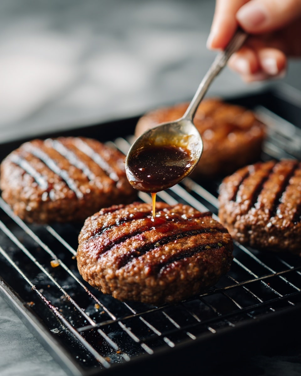 Four round cooked burger patties with clear grill marks sit on a black grill rack. The patties have a brown, slightly textured surface with some small bits visible. A woman's hand holds a spoon above one patty, pouring a dark brown sauce over it, adding shine and moistness. The background is a white marbled texture. photo taken with an iphone --ar 4:5 --v 7