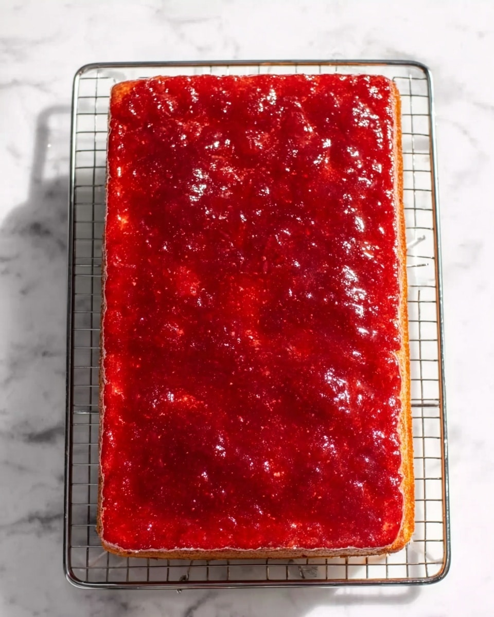 A rectangular cake with a thick, shiny layer of deep red jam spread evenly across the top. The jam layer looks smooth and glossy with some small texture showing through. The cake sits on a silver cooling rack placed on a white marbled surface. The whole scene has bright, natural lighting. Photo taken with an iphone --ar 4:5 --v 7