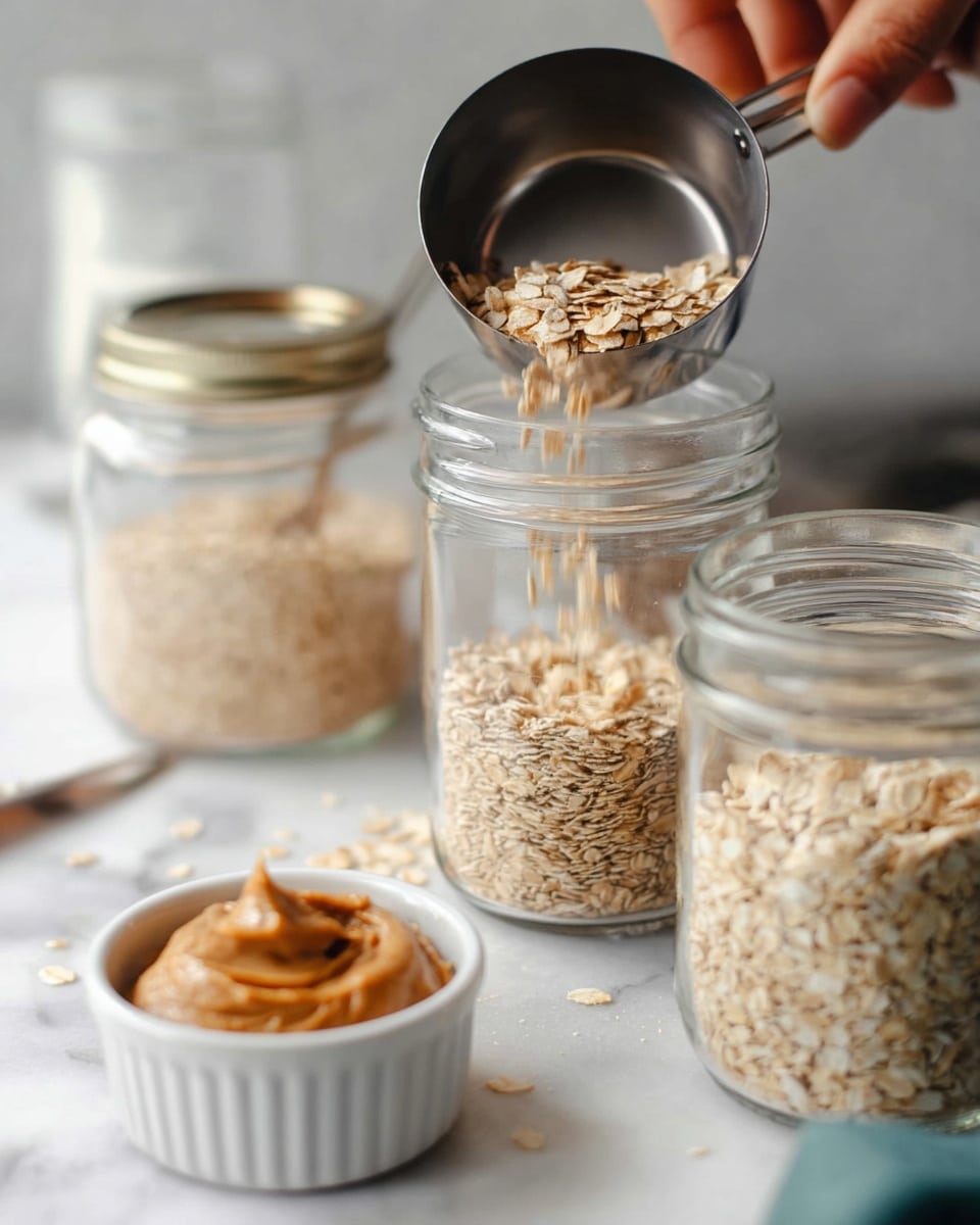 A woman's hand is holding a dark measuring cup pouring light brown dry oats through a shiny silver metal funnel into a clear glass jar below. Two other clear glass jars are nearby, both filled with light brown oats. In the foreground, there is a small white ramekin containing a thick, creamy light brown spread. All items sit on a white marbled surface. photo taken with an iphone --ar 4:5 --v 7