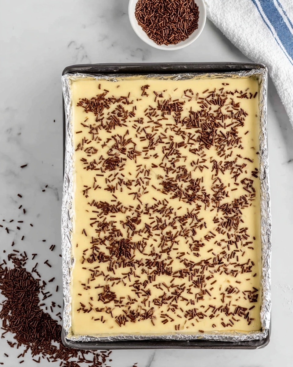 The image shows a rectangular dessert in a dark baking tray lined with foil, on a white marbled surface. The dessert has two visible layers: a smooth, pale yellow creamy layer on top, evenly spread across the whole tray, and a slightly hidden base layer beneath it which appears denser. The top creamy layer is sprinkled generously with small, brown cylindrical chocolate sprinkles scattered unevenly but covering the entire surface. A small white bowl with more chocolate sprinkles sits to the top left, with some sprinkles spilled nearby. A white cloth with blue stripes is placed on the top right of the frame. photo taken with an iphone --ar 4:5 --v 7