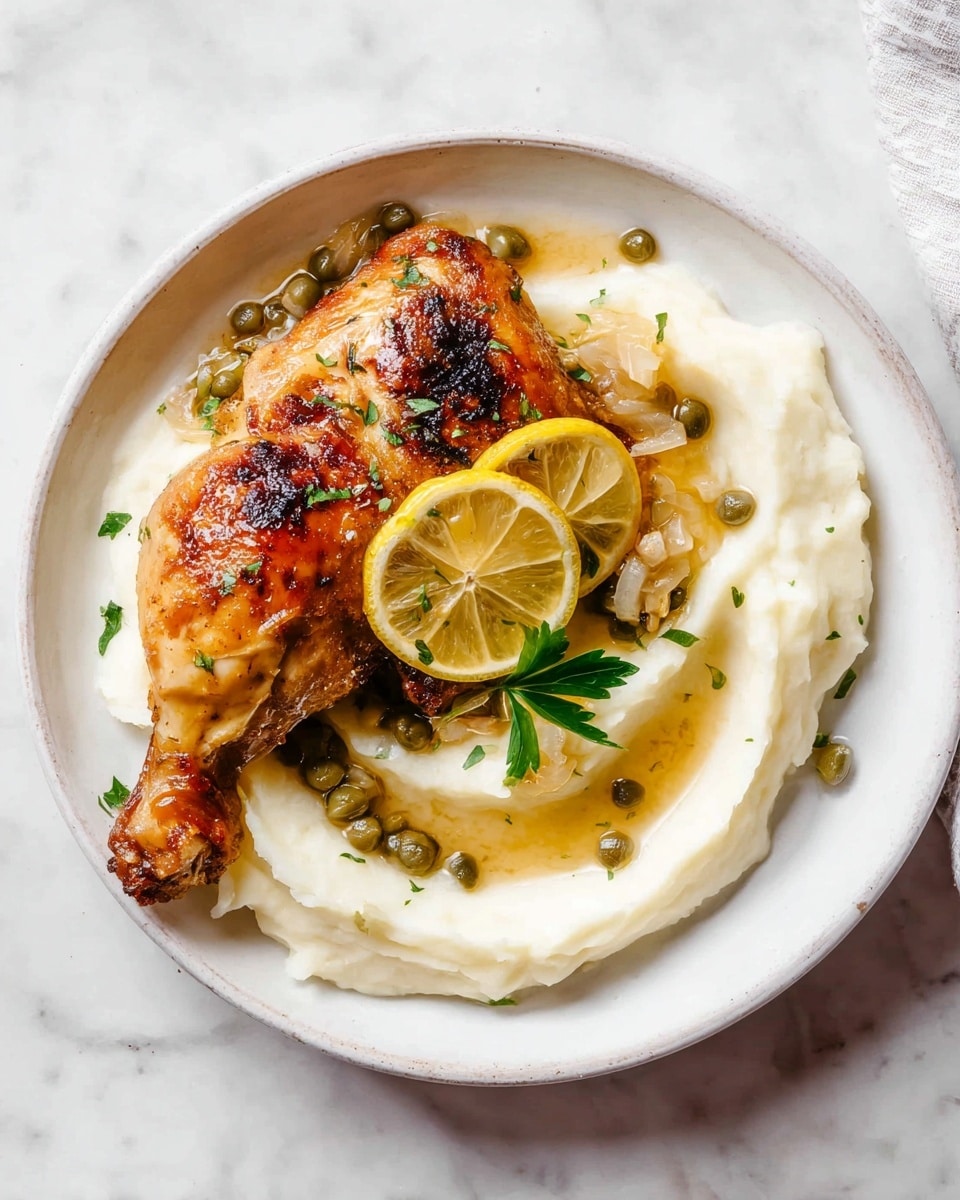 A white round plate shows a dish with three main layers: at the bottom, smooth, creamy mashed potatoes spread in a swirl with a small green parsley leaf on top; in the middle, two thin lemon slices topped with small green capers and bits of light-colored onions; on top, a golden-brown cooked chicken leg with crispy and slightly charred skin, also garnished with some capers and small onion pieces. The plate is set on a white marbled surface. Photo taken with an iphone --ar 4:5 --v 7
