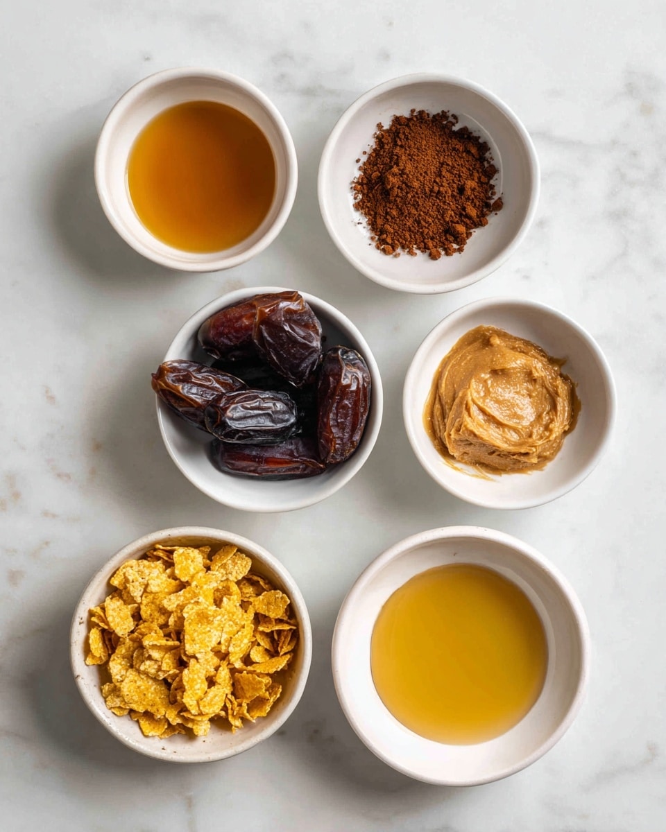 The image shows six small white bowls placed on a white marbled surface, each containing a different ingredient. Starting from the top left and going clockwise, the first bowl holds a golden brown liquid vanilla extract, the second bowl contains dark brown cocoa powder with a fine texture, the third bowl is filled with dark brown dates which have a shiny texture, the fourth bowl has a light brown almond butter with a slightly chunky texture, the fifth bowl contains a golden maple syrup liquid, and the largest bowl in the bottom left has yellow corn flakes with a crispy texture. Each bowl is clearly separated and the colors and textures of the ingredients stand out on the white marbled surface. Photo taken with an iphone --ar 4:5 --v 7
