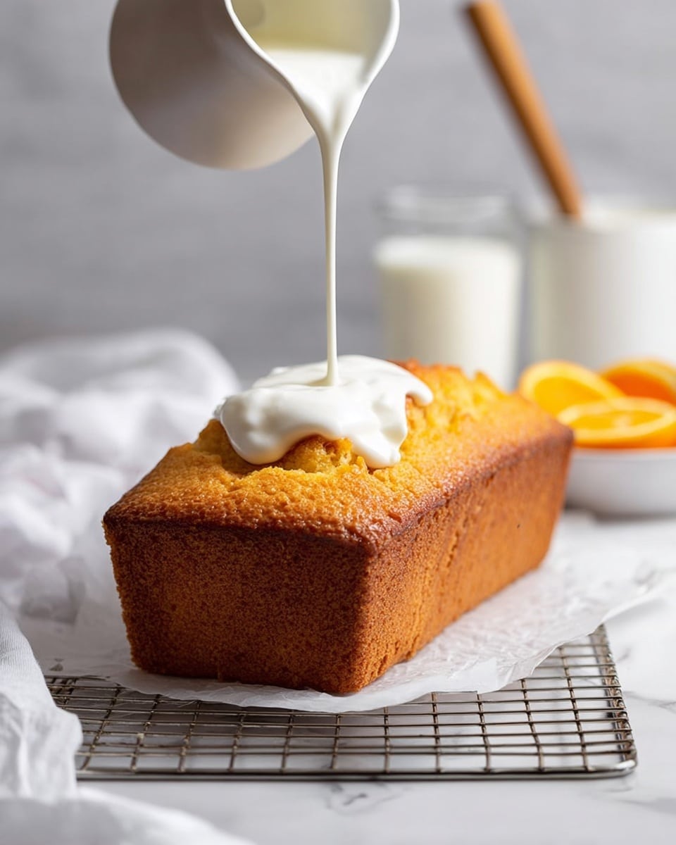 A golden-brown loaf cake with a rough textured top and visible crumb on the sides sits on a white parchment paper on a metal cooling rack. A white jug is pouring thick white cream onto the center of the cake’s top, forming a soft mound that contrasts with the cake's warm color. In the blurred background, there is a glass of milk, a white bowl with orange slices, and a metal whisk with a wooden handle next to a white cloth napkin on a white marbled surface. photo taken with an iphone --ar 4:5 --v 7