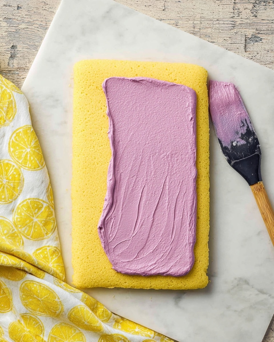 A rectangular yellow sponge cake layer lies flat on a white marbled surface. On the bottom part of the cake, a thick layer of smooth purple cream is spread unevenly, covering roughly one-third of the cake's length. To the right side near the cake is a black-handled spatula with some purple cream on it. In the bottom left corner, a yellow cloth with a lemon pattern is partially visible. The overall setup is bright and clean, focusing on the cake and cream. photo taken with an iphone --ar 4:5 --v 7