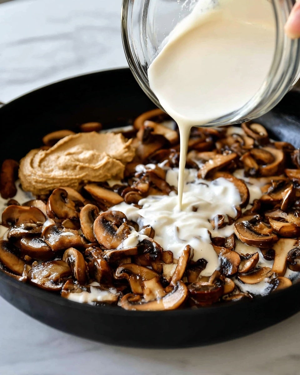 A black pan filled with cooked sliced brown mushrooms spread evenly in a single layer. A dollop of light brown mustard-like paste sits on the left side of the mushrooms. A clear glass container held by a woman's hand is pouring white cream over the mushrooms, creating a creamy layer that spreads across the pan. The background surface is a white marbled texture. photo taken with an iphone --ar 4:5 --v 7