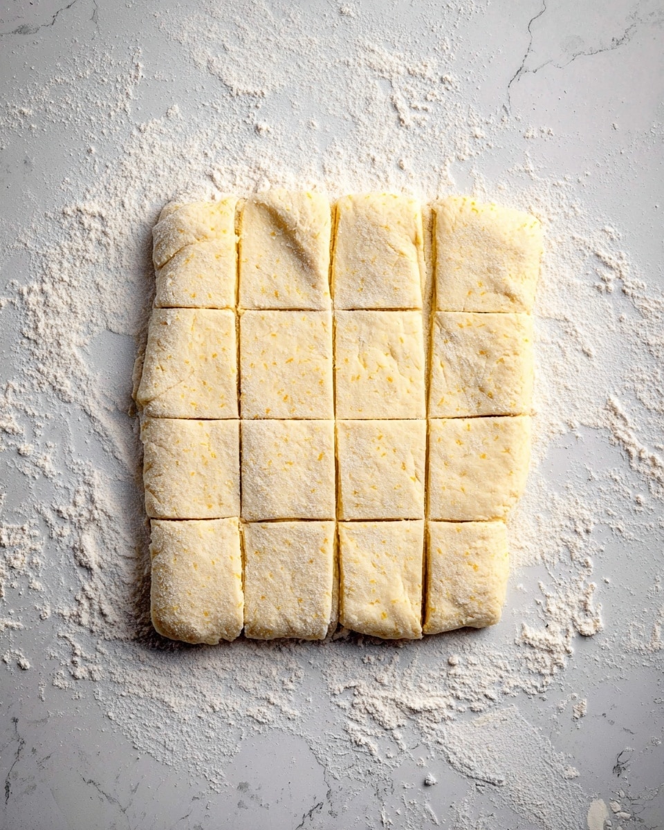 A flat rectangular piece of dough is rolled out on a white marbled surface dusted with white flour. The dough is light yellow with small flecks and is divided into 24 square pieces by clean, straight cuts. The dough looks soft and slightly textured, with some flour spread thinly over its surface and the surrounding area photo taken with an iphone --ar 4:5 --v 7