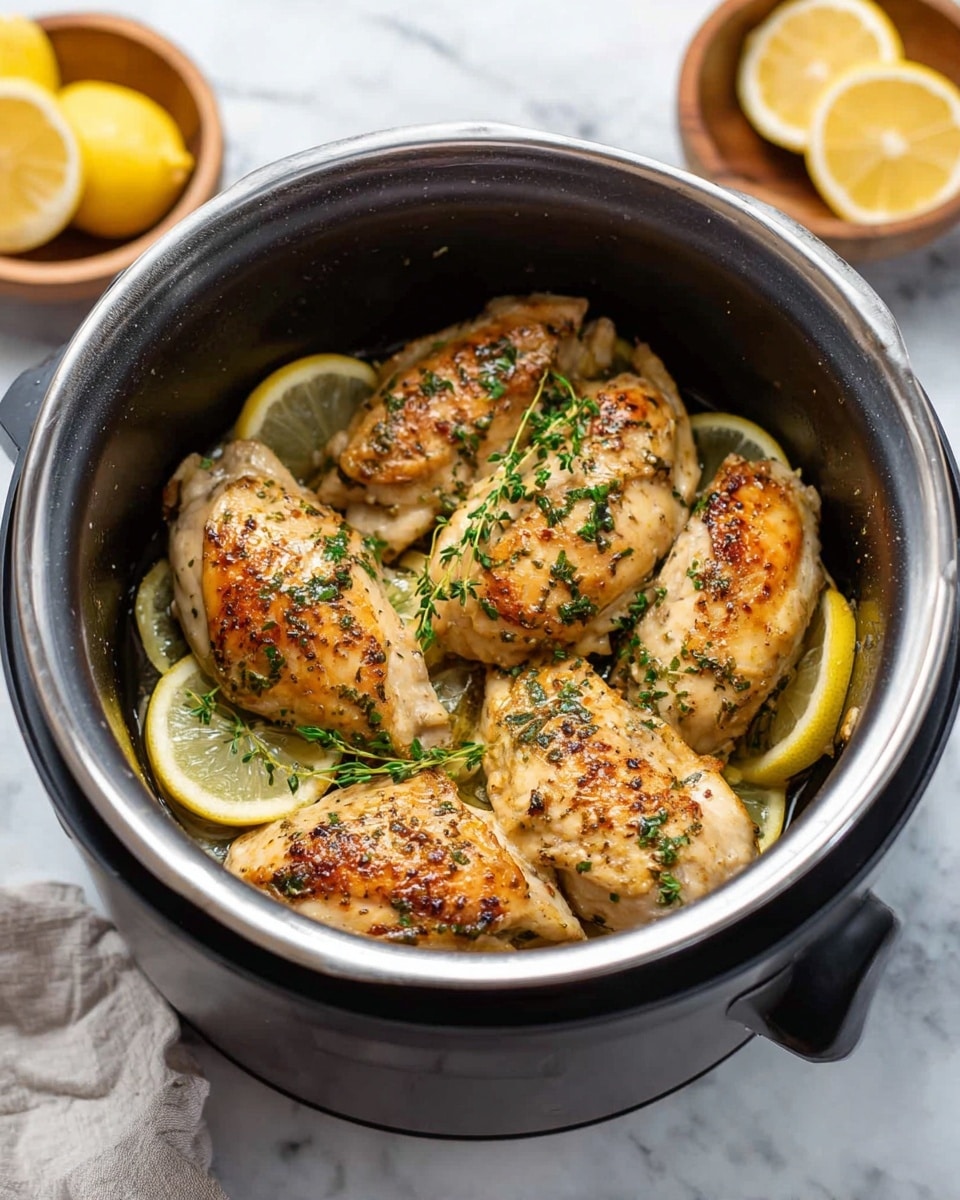 Inside a black cooking pot with a silver inside, there are five golden brown cooked chicken pieces arranged on top of thin lemon slices. The chicken has small green herb bits scattered on the surface, and the lemon slices are bright yellow with a soft texture. Some green herb sprigs are placed between the chicken pieces. The pot is set on a white marbled surface, and two lemon halves and wooden bowls are seen blurred in the background. Photo taken with an iphone --ar 4:5 --v 7