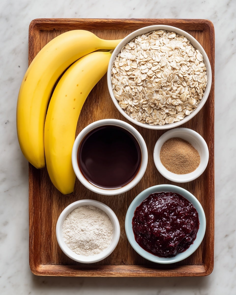 A wooden tray on a white marbled surface holds six ingredients arranged neatly: two bright yellow bananas positioned on the left side, a small white bowl filled with dark brown vanilla liquid sits above the bananas, a larger white bowl full of pale rolled oats occupies the upper right corner, next to it on the right is a small white dish with a light brown cinnamon powder, below these is a small white bowl of fine, off-white oat flour, and a small light blue bowl containing dark red raspberry preserve is placed near the center of the tray. photo taken with an iphone --ar 4:5 --v 7