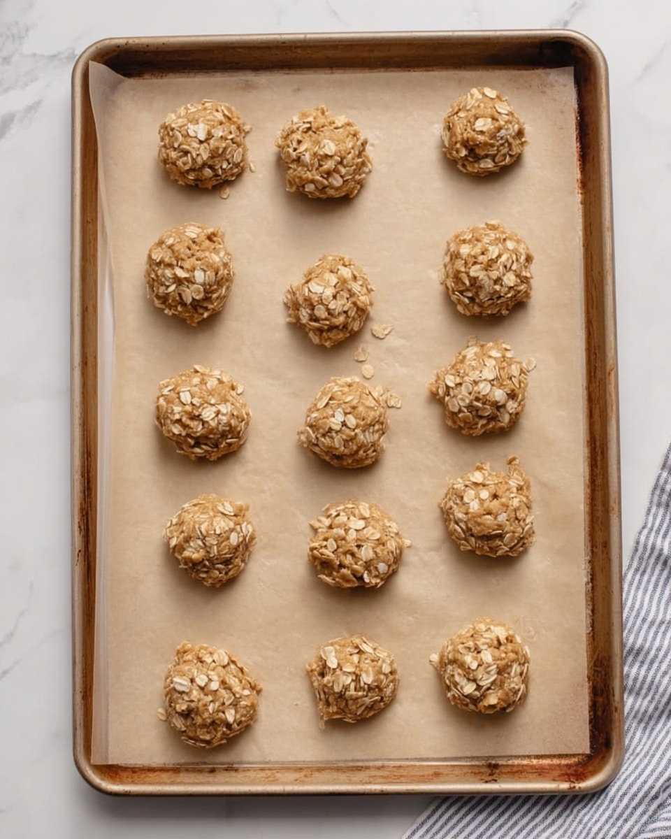 The image shows a rectangular baking tray lined with light brown parchment paper. On the parchment paper, there are fifteen small rounded mounds of cookie dough arranged in rows, each covered with visible oats giving a rough, textured look. The mounds are light beige to golden brown in color, showing small flakes and bits that look crunchy. The tray is set on a white marbled surface with a corner of a striped cloth visible near the bottom right. photo taken with an iphone --ar 4:5 --v 7