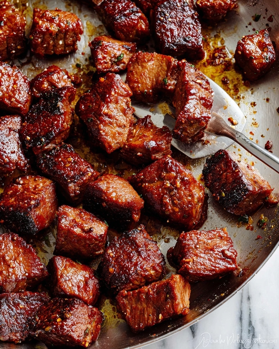 The image shows many small pieces of cooked meat with a dark brown color and a shiny, slightly oily texture, spread across a metal pan. The meat pieces appear tender with some blackened spots that add a roasted look. A metal fork is partially visible under some meat pieces, slightly lifting them, showing the pan's shiny silver surface with small bits of seasoning and oil around. The background is a white marbled texture. Photo taken with an iphone --ar 4:5 --v 7