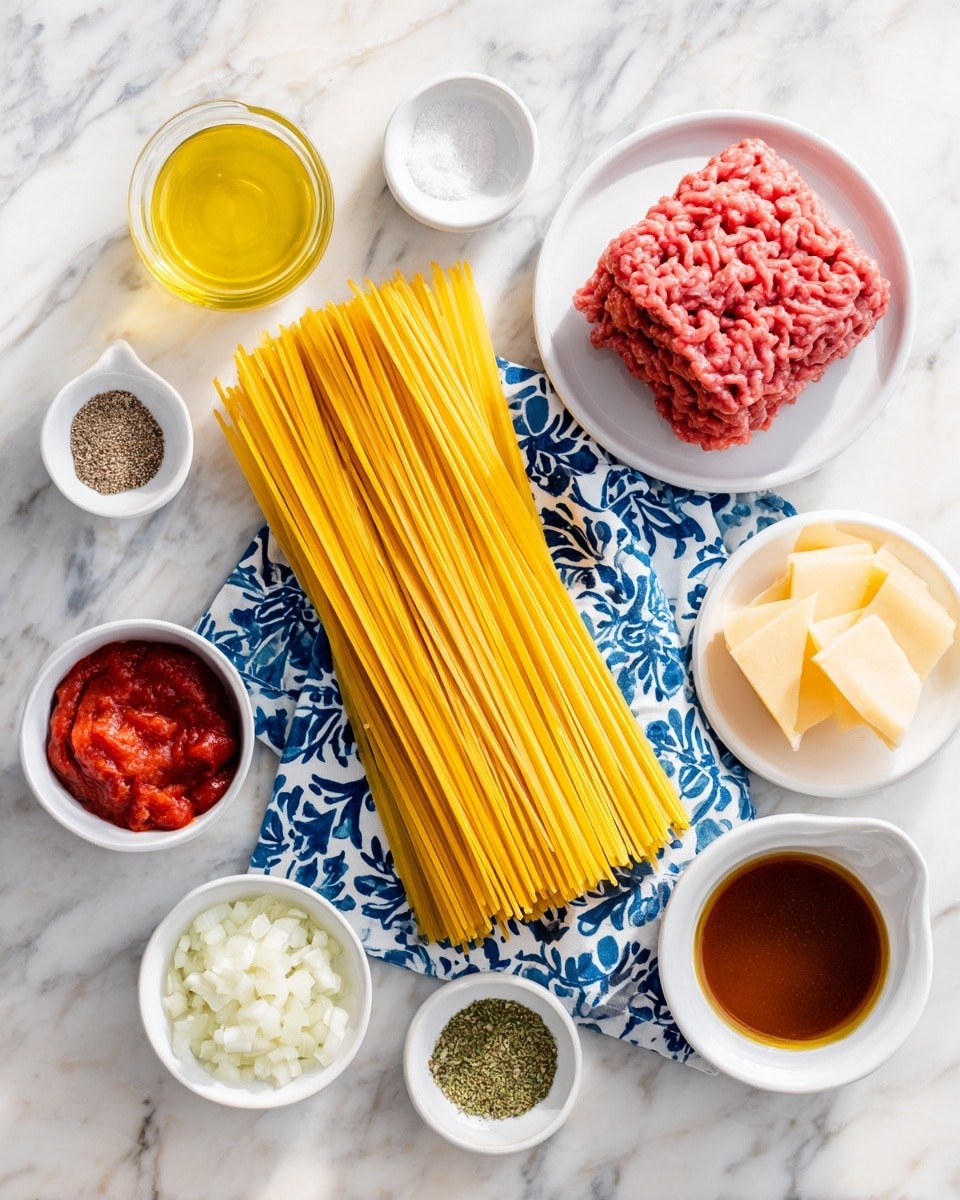 The image shows ingredients for making a pasta dish arranged neatly on a white marbled surface. In the center, there is a bunch of uncooked long yellow bucatini pasta placed on a blue and white patterned cloth. To the left, a white plate holds a rectangular portion of raw pink ground beef. Around the pasta and plate, there are small white bowls with different ingredients: clear golden olive oil, white salt, black pepper, deep red tomato paste, bright red crushed tomatoes, finely chopped white onion, and minced pale garlic. Near the ground beef, there is a small white bowl with brown Worcestershire sauce, a small white bowl of mixed green Italian seasoning, and two wedge pieces of pale yellow parmesan cheese. All the ingredients are clearly visible and organized. Photo taken with an iphone --ar 4:5 --v 7