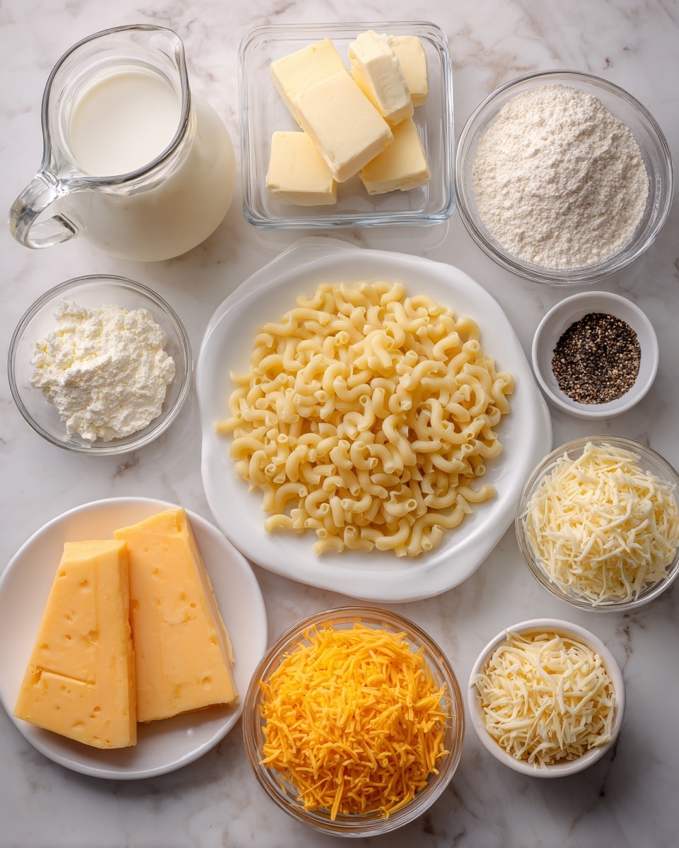 The image shows a group of ingredients neatly arranged on a white marbled surface. In the center, there is a white plate with uncooked elbow pasta, pale yellow and smooth. To the upper left, a clear glass measuring jug holds white milk, and next to it, a small clear dish contains three pale yellow butter squares. Above the plate, a small white bowl has flour, white and powdery. To the right of the flour, a smaller white bowl shows black pepper in whole grains, and below that, a white bowl holds coarse white salt. Below the pasta plate, on the left, a white saucer carries three slices of pale yellow American cheese. Beside it to the right, an orange bowl is filled with shredded bright orange cheddar cheese. Lower left, a white bowl is filled with shredded white cheddar cheese, long and smooth. Next to it on the right, there is a white bowl containing Romano cheese, finely shredded and pale. Above the Romano cheese, another white bowl contains Parmesan cheese, fine and off-white. A white jug with half & half cream sits near the bottom left. All items are spaced out evenly on the white marbled background photo taken with an iphone --ar 4:5 --v 7