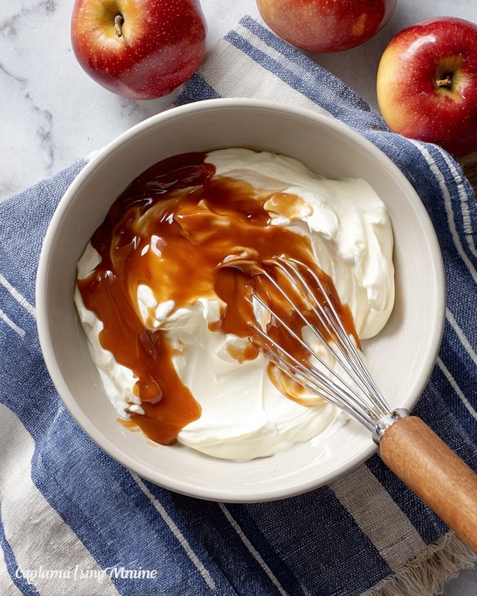 The image shows a white bowl filled with thick white cream cheese and a layer of rich, glossy caramel sauce on top, partially mixed with a small metal whisk that has a wooden handle appearing from the bottom right. The bowl sits on a blue and white striped cloth, and two red apples are placed nearby on a white marbled surface. The scene captures the mixing stage of a dessert preparation, with soft and smooth textures in the bowl contrasting with the shiny caramel. Photo taken with an iphone --ar 4:5 --v 7