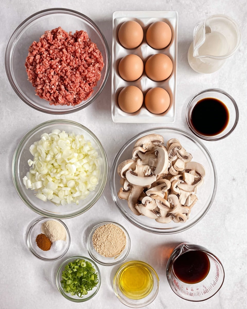 The image shows various ingredients arranged neatly on a white marbled surface. In the top left, a clear glass bowl holds raw ground meat with a reddish color and soft texture. To the right, a white egg tray contains six brown eggs with smooth shells. Below the ground meat, a smaller clear glass bowl is filled with chopped white onions in small square pieces. Next to it, in the center, a larger clear glass bowl is full of sliced light brown mushrooms with visible gills. Around these main bowls are smaller clear glass dishes with ingredients like minced garlic, chopped green onions, light tan powders, a mix of black pepper and white salt, soy sauces in dark brown color, crispy light beige crumbs, golden yellow oil, and a measuring cup filled with a dark brown liquid. The arrangement is clean and organized, showing all elements clearly. Photo taken with an iphone --ar 4:5 --v 7