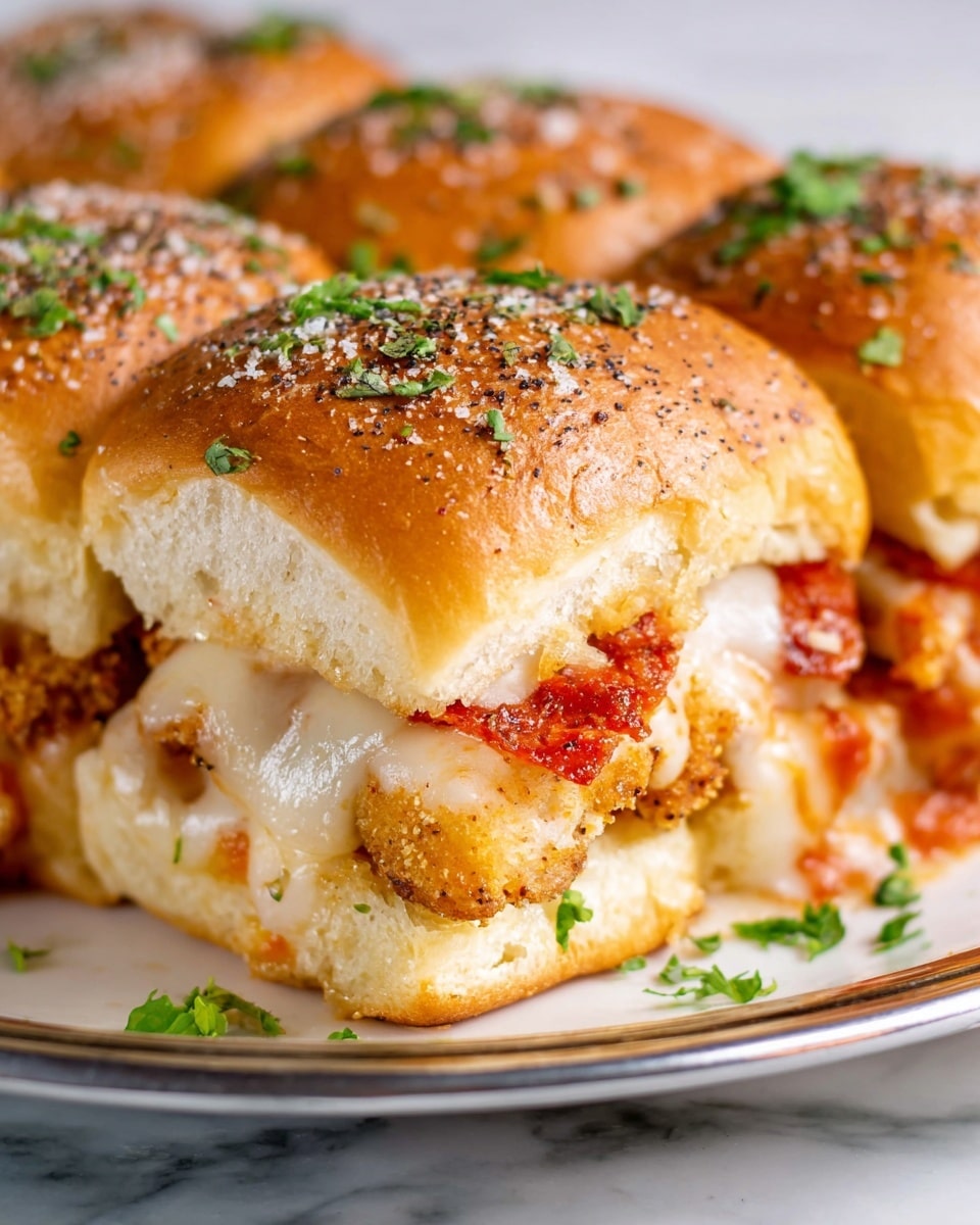 The image shows three sandwich sliders lined up on a white plate with a silver rim, placed on a white marbled surface. Each slider has a soft, golden-brown top bun sprinkled with coarse salt, black pepper, and fresh green parsley. Inside, there are layers of melted white cheese, crispy golden fried chicken pieces, and bright red pepperoni slices. Small green parsley leaves are scattered on the plate around the sliders. The buns have a slightly shiny and textured surface, and the cheese looks warm and stretchy, slightly oozing out from the sides. photo taken with an iphone --ar 4:5 --v 7